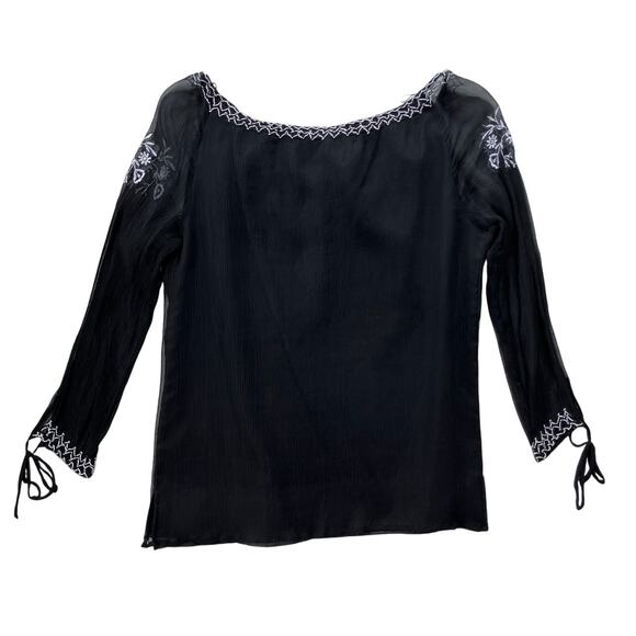 Robbie B Vintage Y2K Silk Boho Embroidered Blouse Size 8 Whimsygoth Black White - Picture 3 of 6